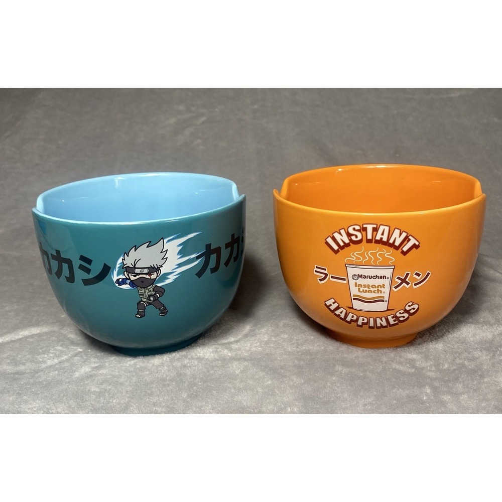 2 Noodle Bowls Maruchan "Instant Happiness" Orange Ramen  & Naruto‎ Blue Large